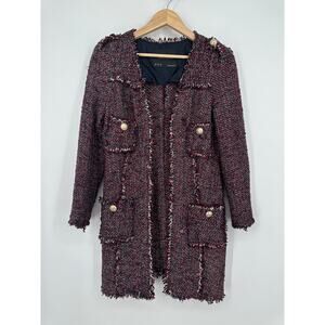 ZARA Long Tweed Jacket Open Front Fringe Trim Military Style Coat Blogger Fav